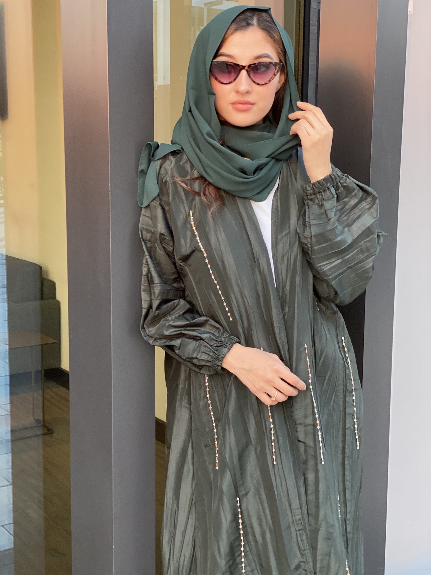MOiSTREET Green Pleated Taffeta Abaya (6701415530680)