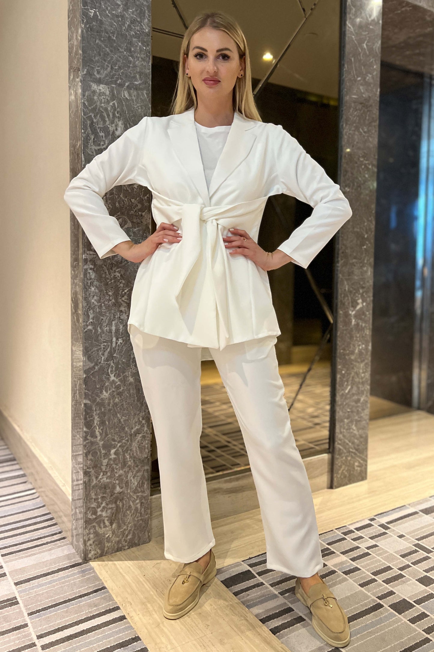 MOiSTREET Off White Barbie Crepe Fabric Blazer and Pants Set (7893902196963)