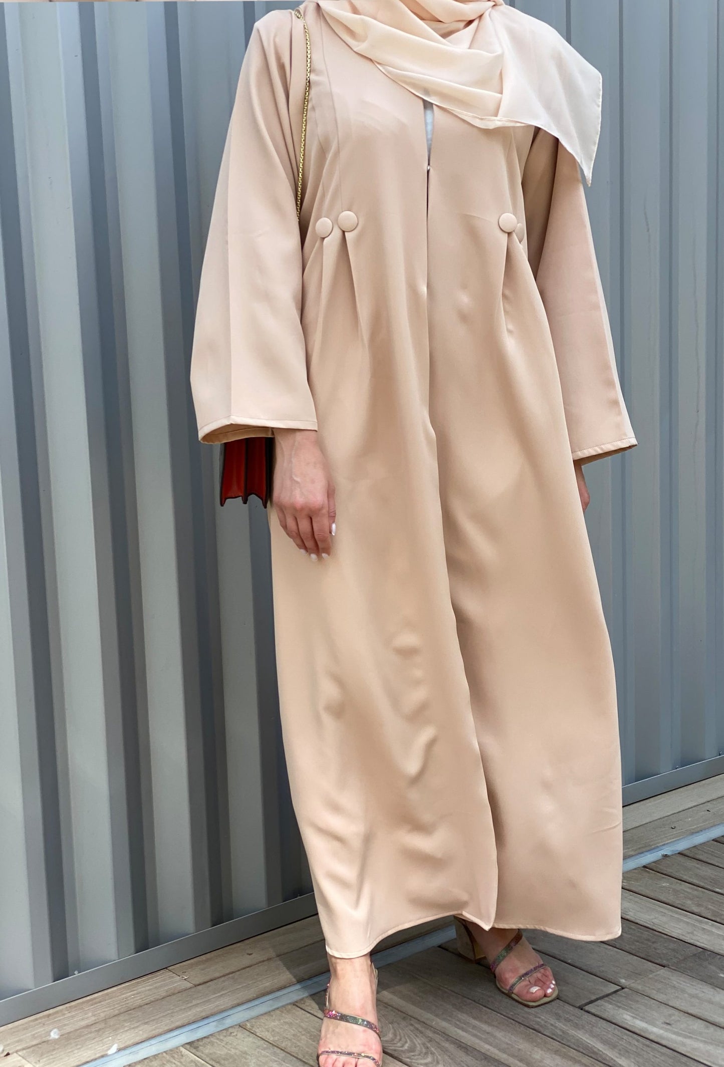 MOiSTREET Barbie Crepe Tan Abaya Set with Buttons Detailing along with Under Dress and Sheila (6701419528376)