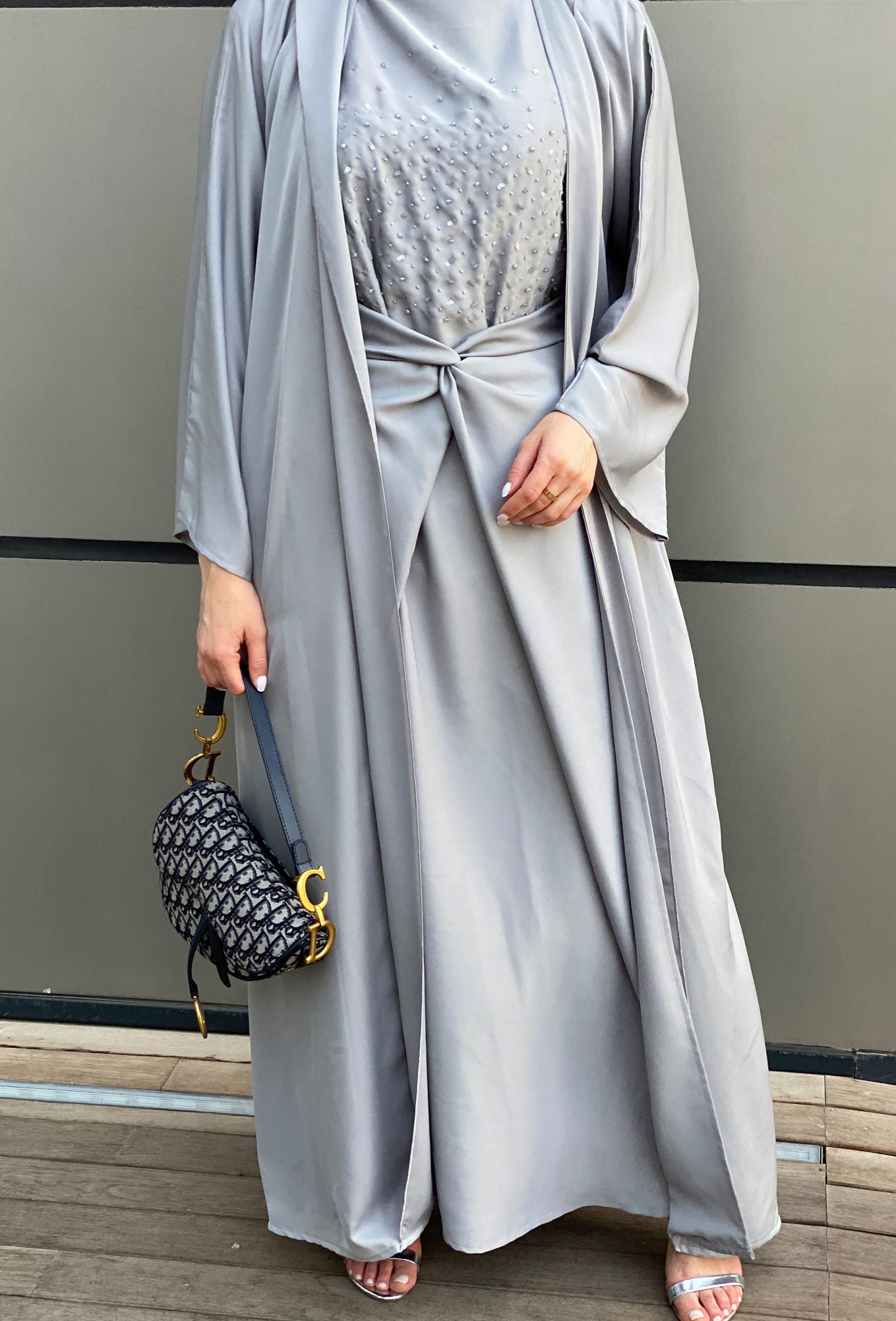 Korean Nada Grey Abaya Set - Elegant Embroidered Dress | MOiSTREET Moistreet Korean Nada Grey Abaya Set - Elegant Embroidered Dress | MOiSTREET Moistreet