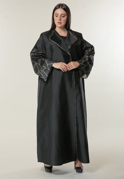 Black Coat style Abaya with Jacquard Sleeves and Pipin (6701409632440)