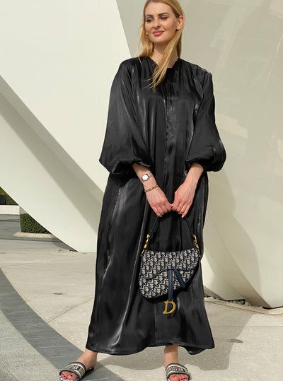 Shimmery Bubble Sleeves Black Abaya Set with Under Dress & Sheila (6701419266232)