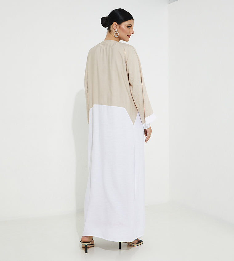 MOiSTREET Beige And White Color block Abaya (7665541447907) عباية بيضاء