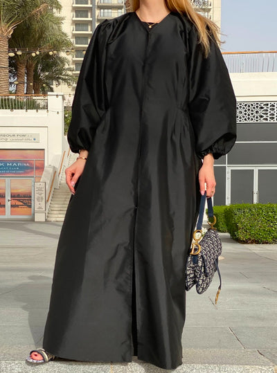 Victoria Satin Bubble Sleeves & Gather Details Black Abaya Set with Under Dress & Sheila (6701419299000)