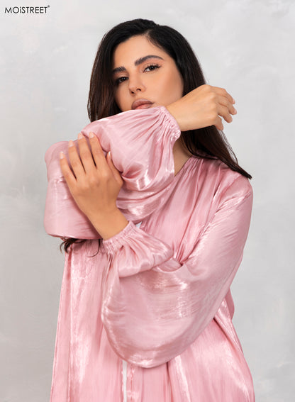 MOiSTREET Rotana Shimmer Pink Abaya Set with Under Dress & Sheila