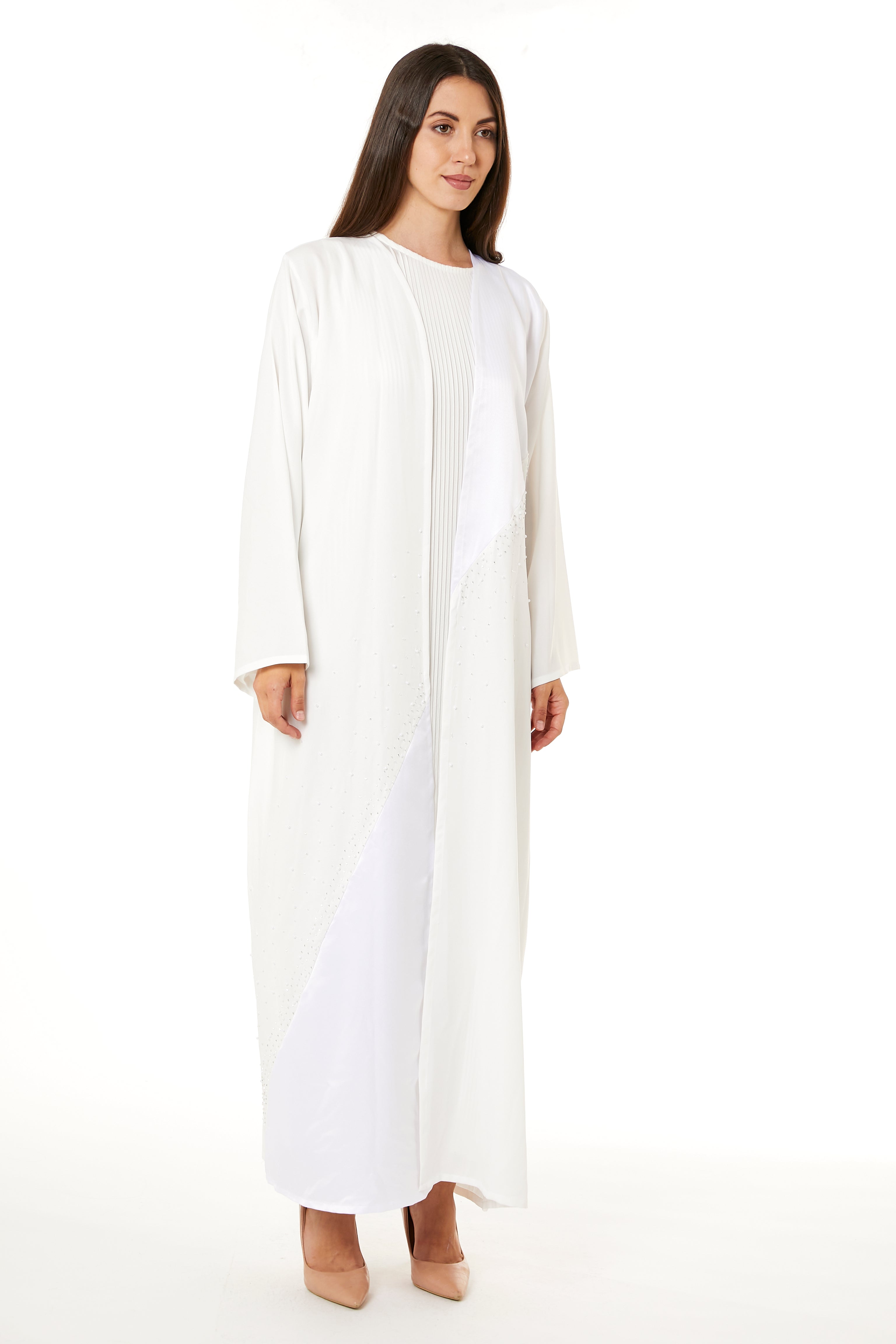 Rotna Mo White Rotana Shimmer Hand Embellished Abaya | MOiSTREET – Moistreet