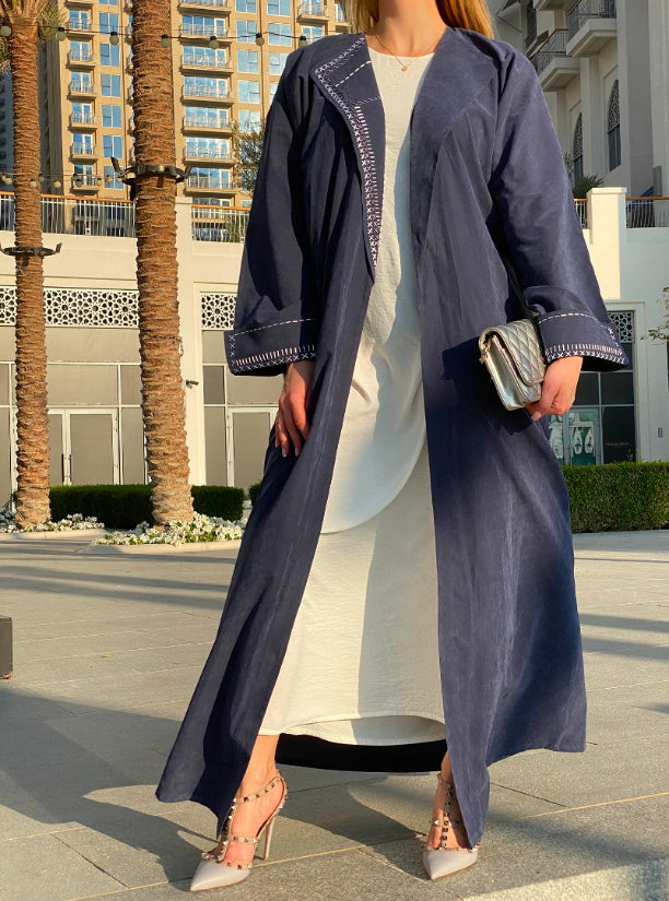 MOiSTREET Blue Shamoua Coat Style Abaya with Thread Handwork (6701418315960)