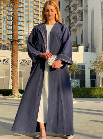 MOiSTREET Blue Shamoua Coat Style Abaya with Thread Handwork (6701418315960)