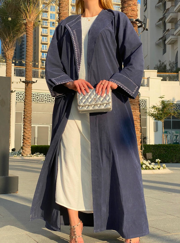 MOiSTREET Blue Shamoua Coat Style Abaya with Thread Handwork (6701418315960)