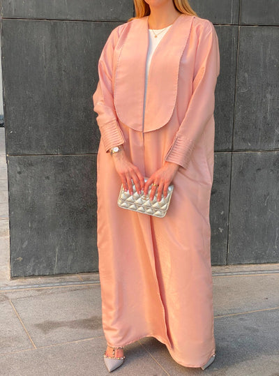 MOiSTREET Pink Rotana Shimmer Handwork Abaya Set with Under Dress and Sheila (6701418217656)
