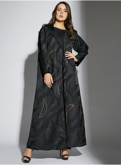 Black Jacquard Abaya with Threadwork embellishment (7464346190051) عباية سوداء من قماش الجاكار
