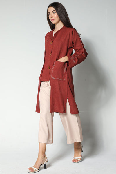 MOiSTREET Maroon Linen Fabric With Crepe Top And Pants (7547363262691)