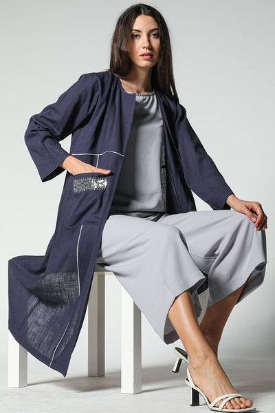 MOiSTREET Navy Linen Embellished Pockets With Pants And  Crepe Top (7547355594979)
