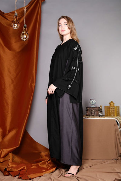 Black Abaya With Hand Embroidered Sleeves (6701403046072)