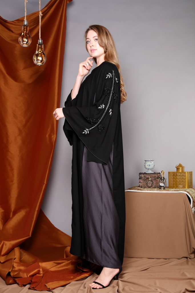 Black Abaya With Hand Embroidered Sleeves (6701403046072)