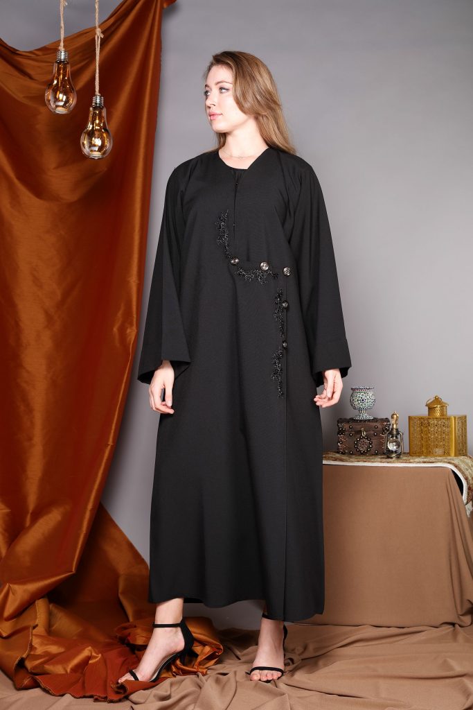 Black Wrap Around Abaya with Hand Embroidery and Button Detailing Abaya (6701403111608)