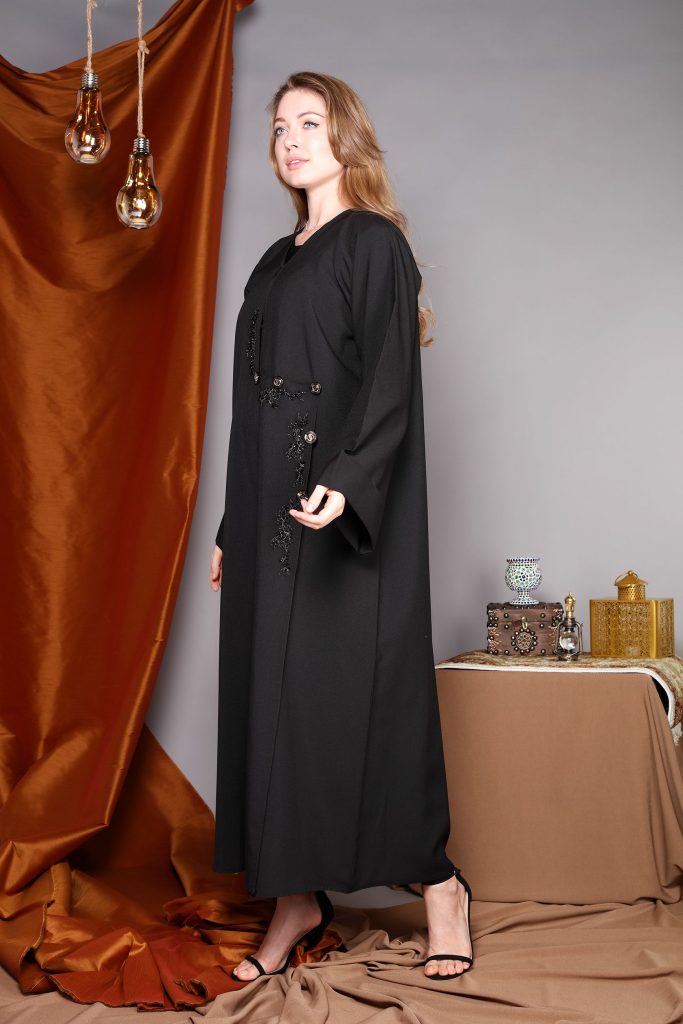 Black Wrap Around Abaya with Hand Embroidery and Button Detailing Abaya (6701403111608)