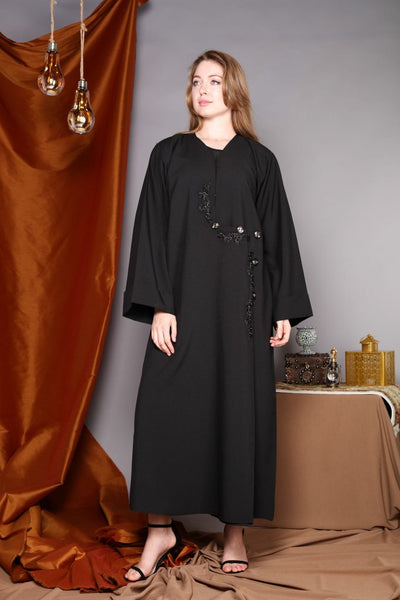 Black Wrap Around Abaya with Hand Embroidery and Button Detailing Abaya (6701403111608)