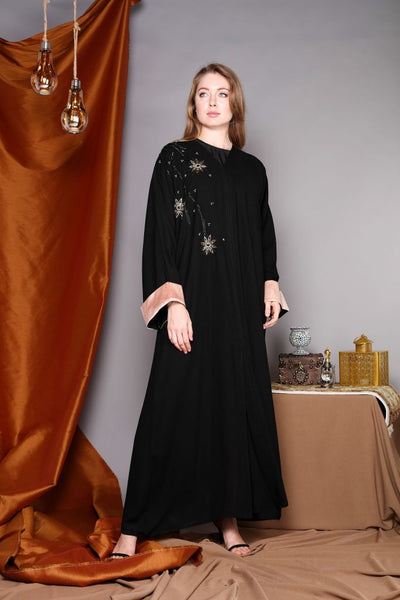 Golden Embroidery with Contrast Cuffs Abaya (6701403209912)