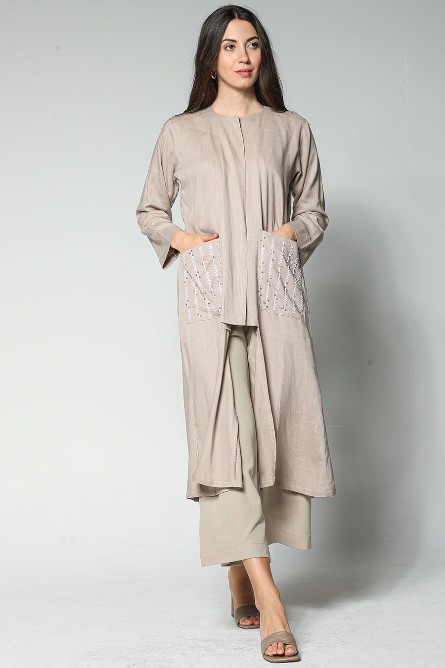 MOiSTREET Beige Embroidered Jacket and Pants with Crepe Top (7547348320483)