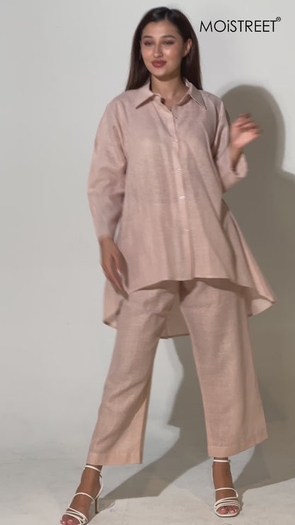 طقم لباس علوي و بنطال قماش لنن من مويستريت باللون الخوخي