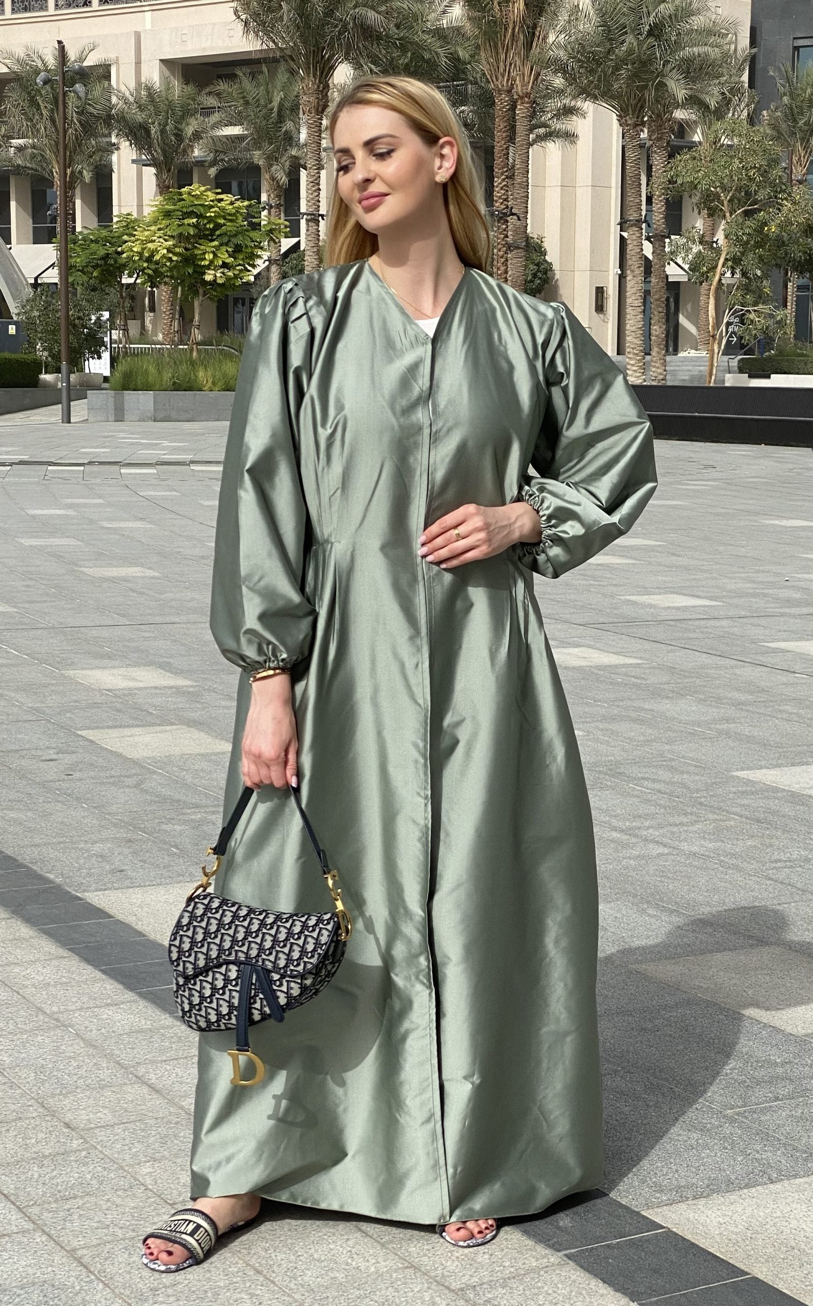 MOiSTREET Green Victoria Satin Abaya Set with Under Dress & Sheila (6701419004088)