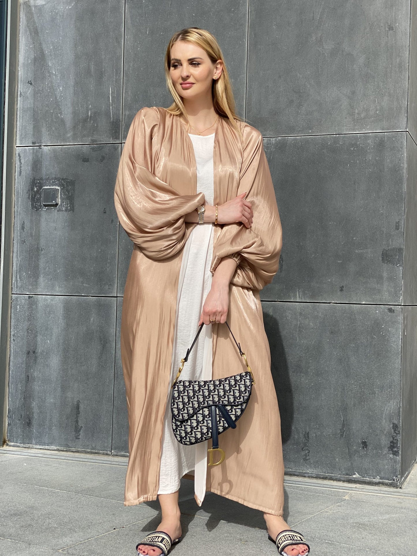 MOiSTREET Rotana Shimmer Beige Abaya Set with Under Dress & Sheila (6701418774712)