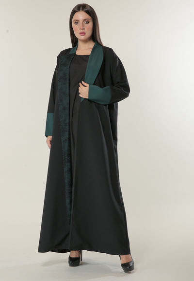 Black Abaya with Contrast Panels Overlaid with Net Lace (6701411598520)