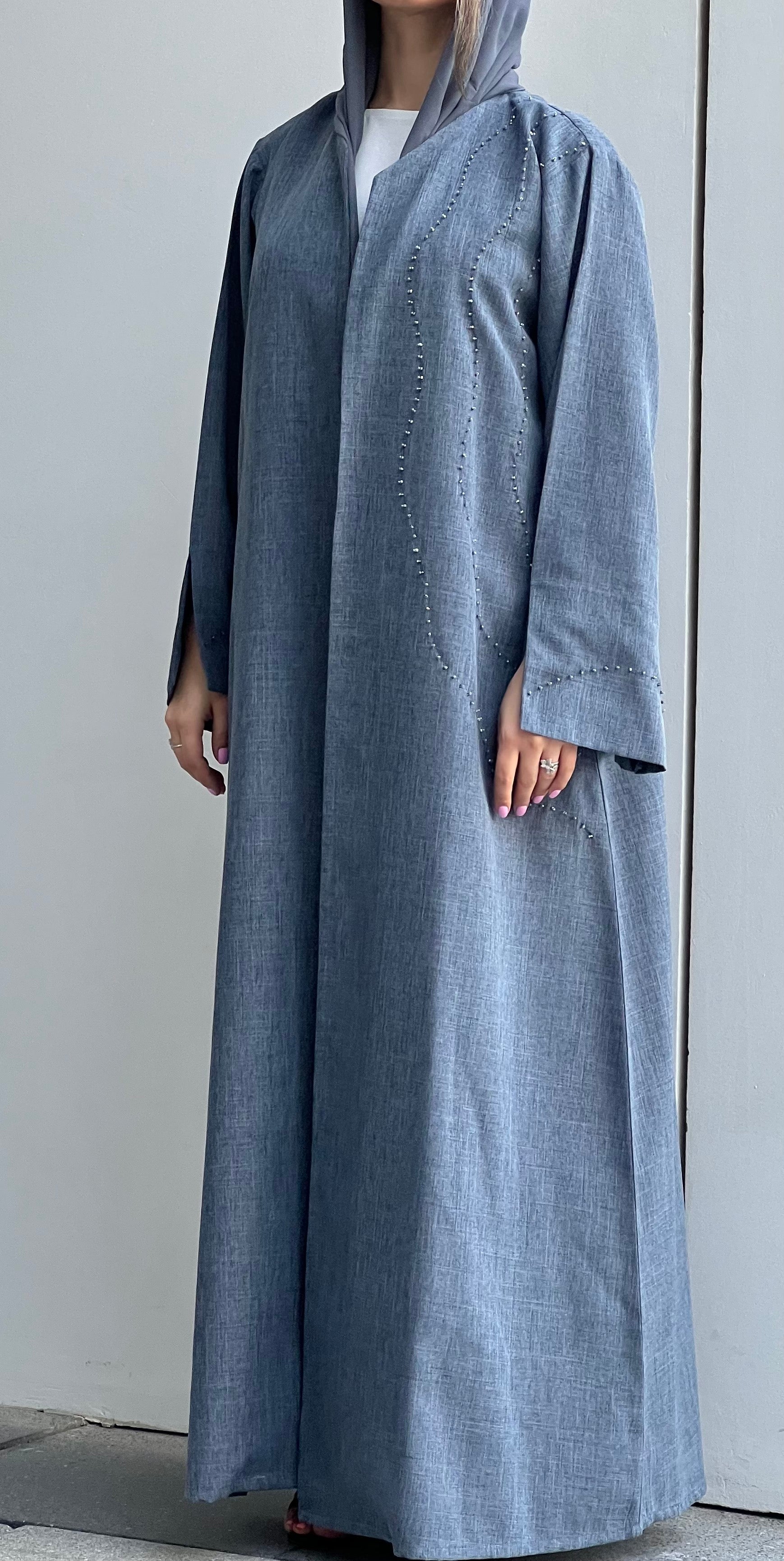 MOiSTREET Light Slate Grey Mélange Embroidery Abaya (7634542428387)