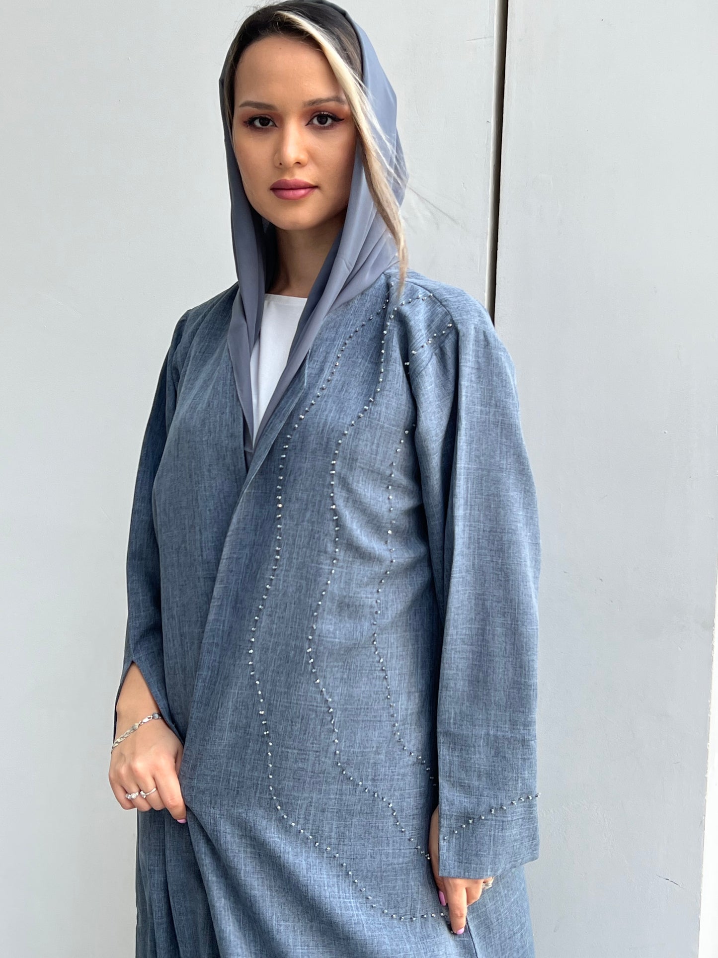 MOiSTREET Light Slate Grey Mélange Embroidery Abaya (7634542428387)