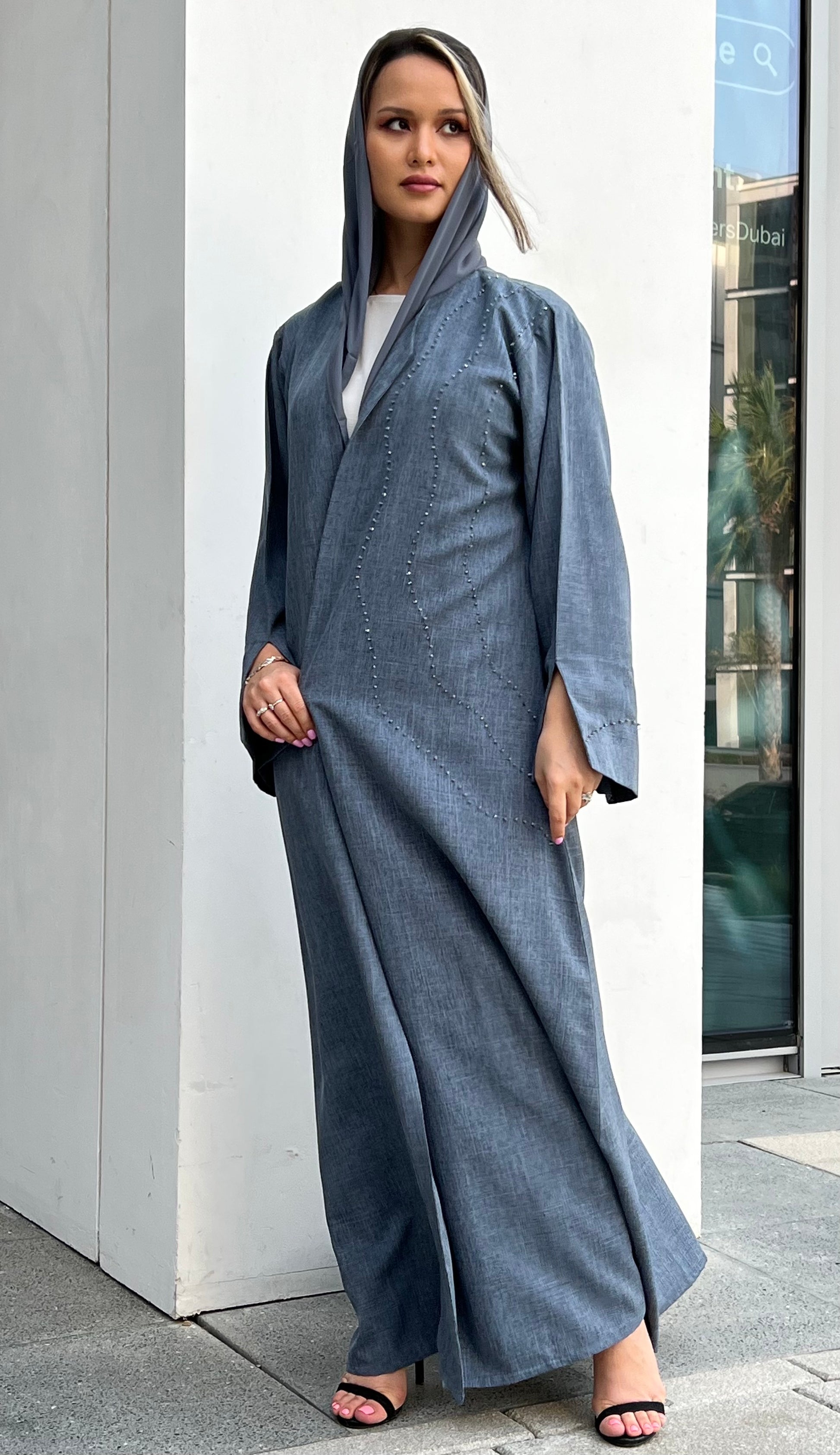 MOiSTREET Light Slate Grey Mélange Embroidery Abaya (7634542428387)