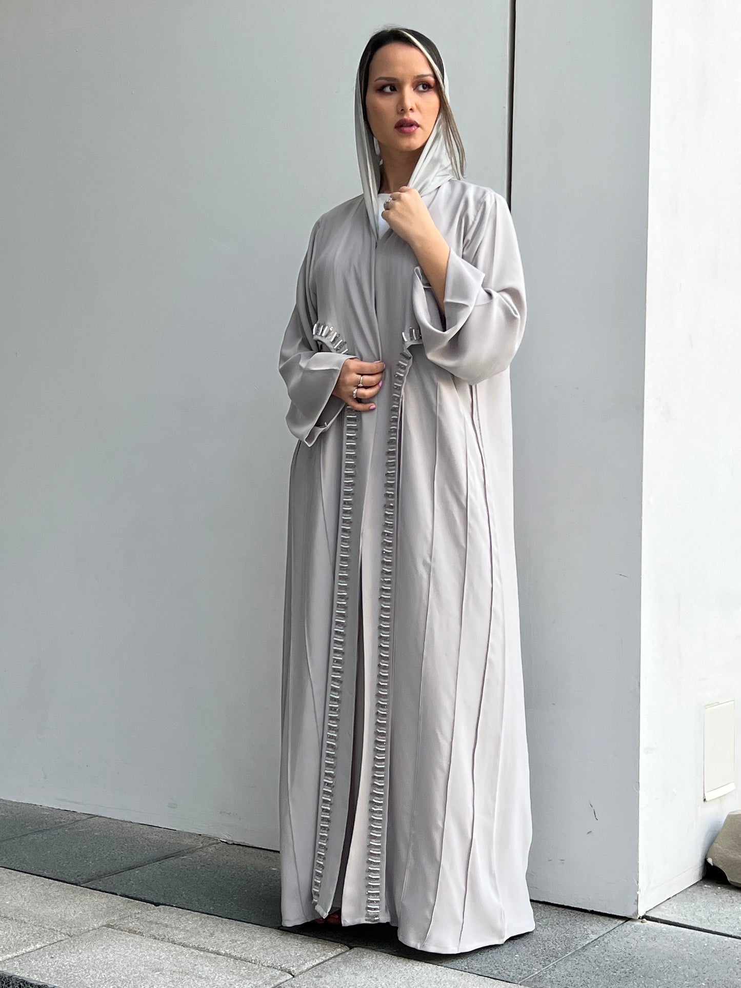 MOiSTREET Grey Korean Nada Embroidery Abaya (7634581094627)