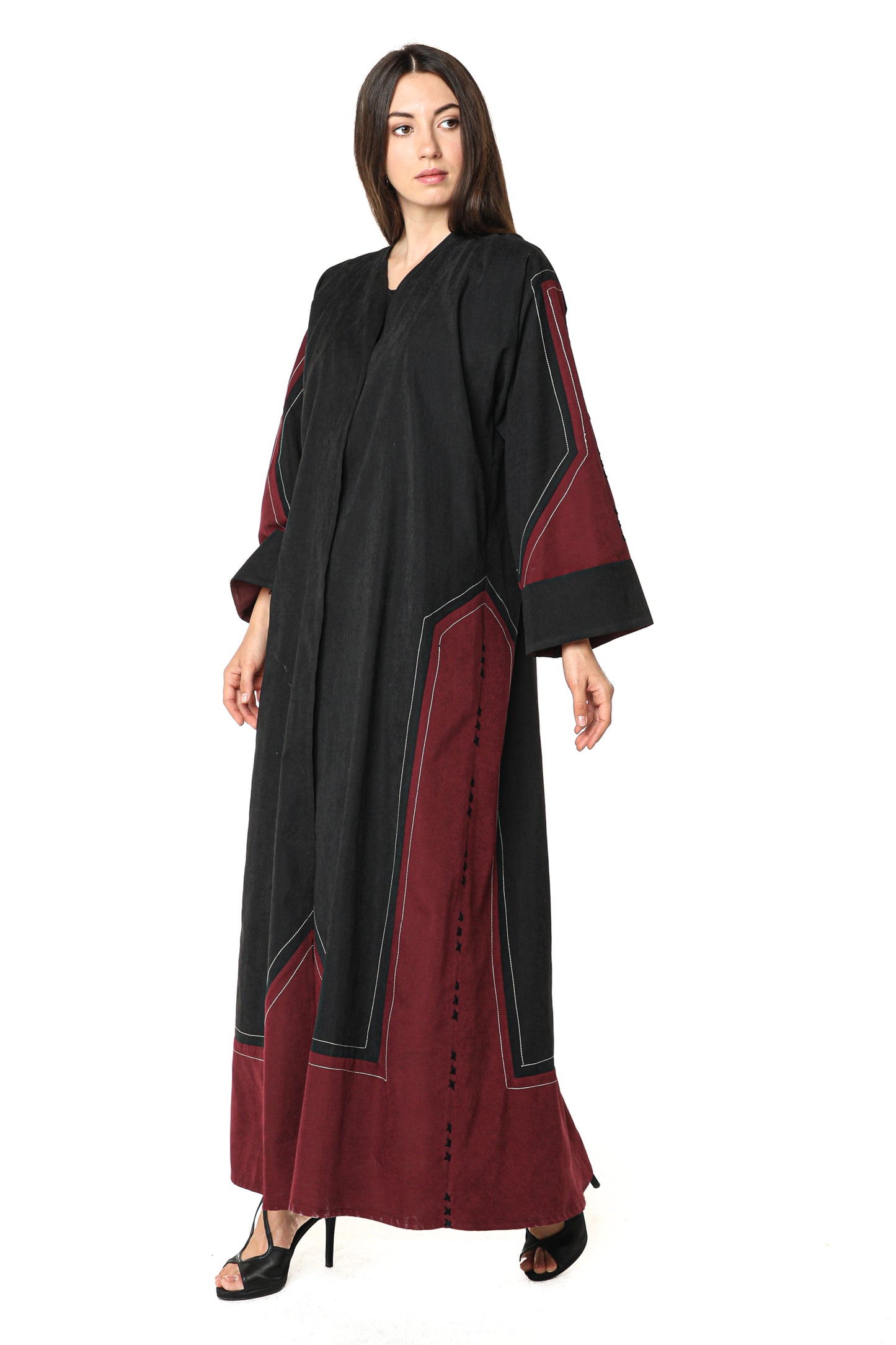 MOiSTREET Black and Maroon Shamua Abaya with Thread Work (7542213640419)