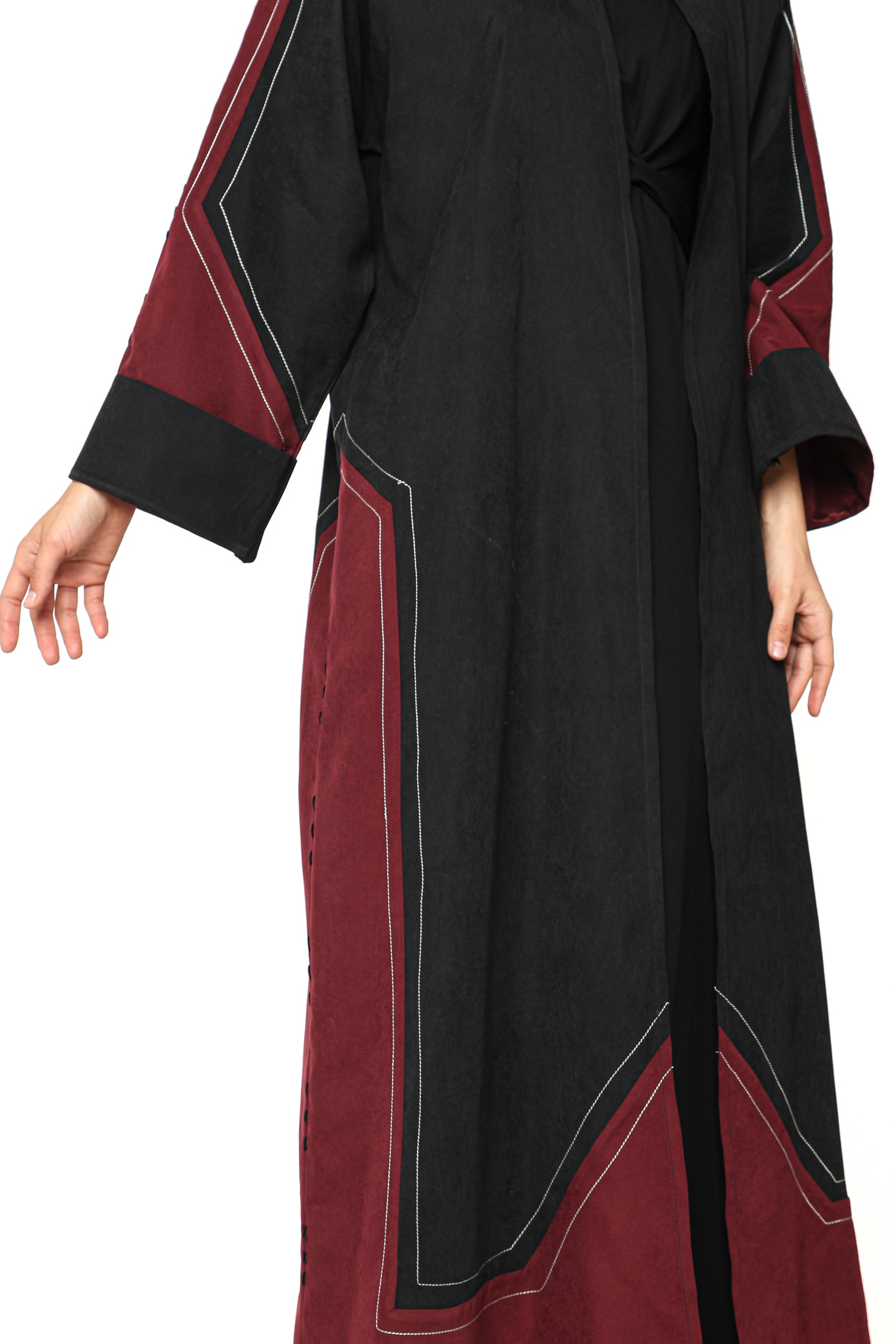 MOiSTREET Black and Maroon Shamua Abaya with Thread Work (7542213640419)