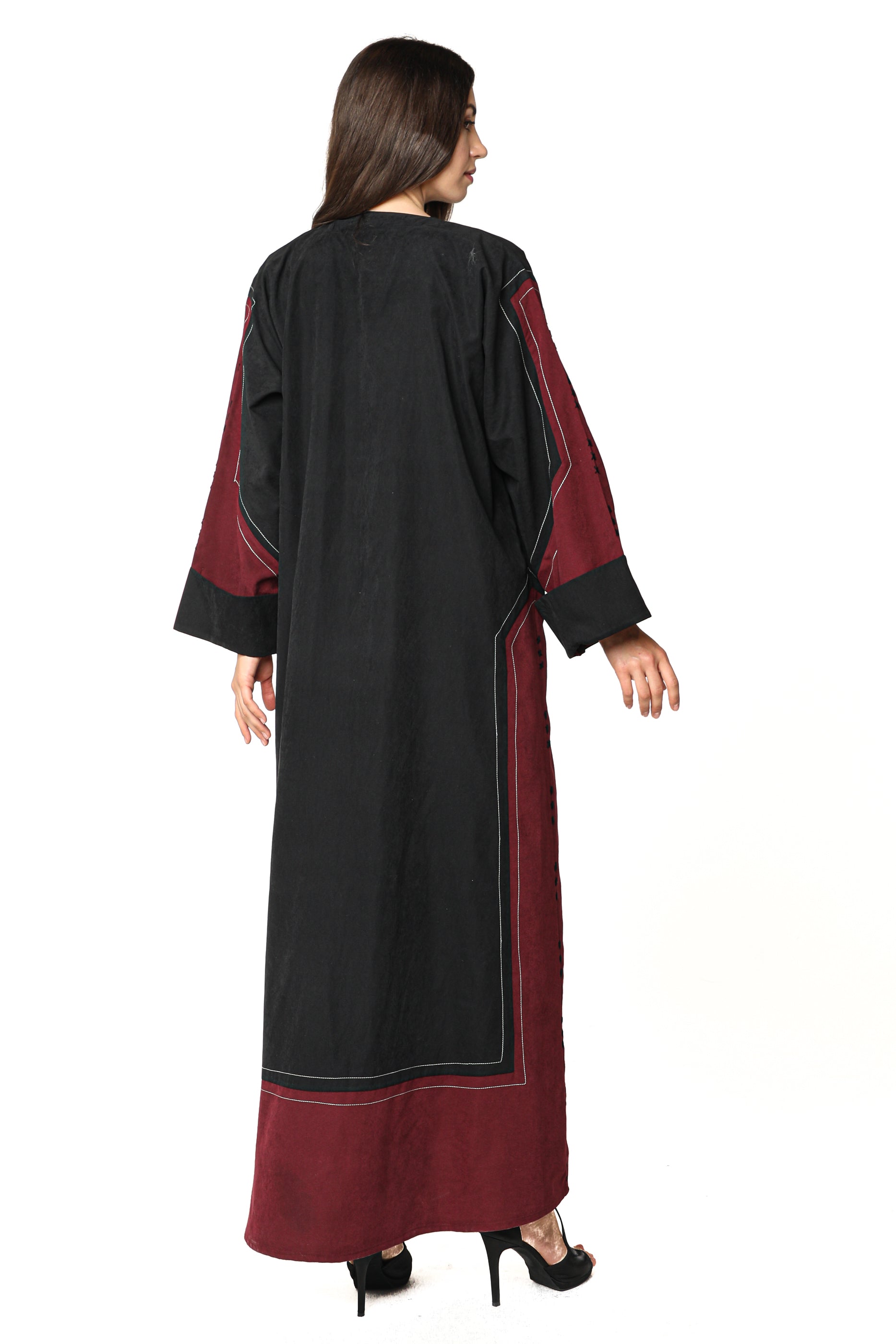 MOiSTREET Black and Maroon Shamua Abaya with Thread Work (7542213640419)