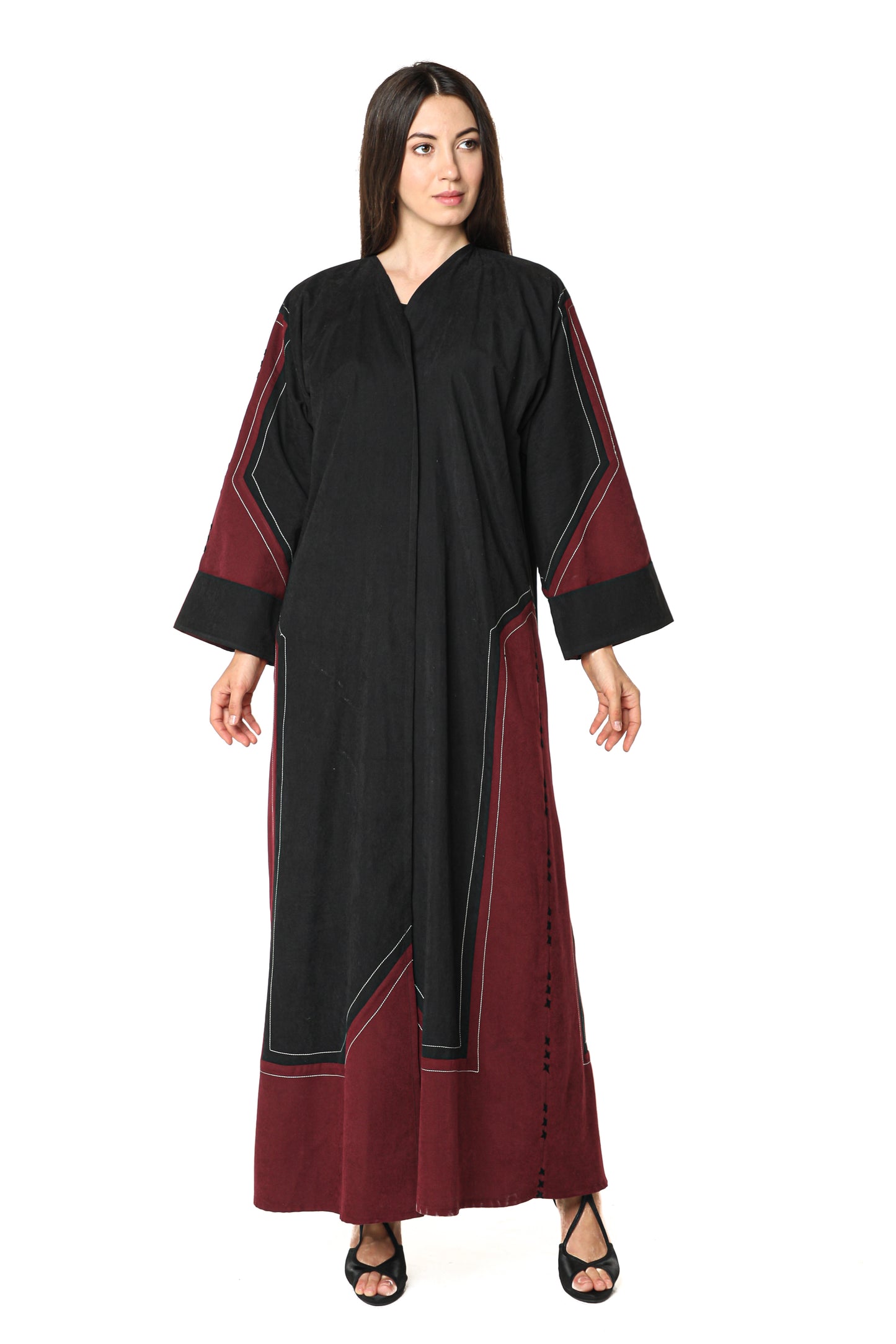 MOiSTREET Black and Maroon Shamua Abaya with Thread Work (7542213640419)