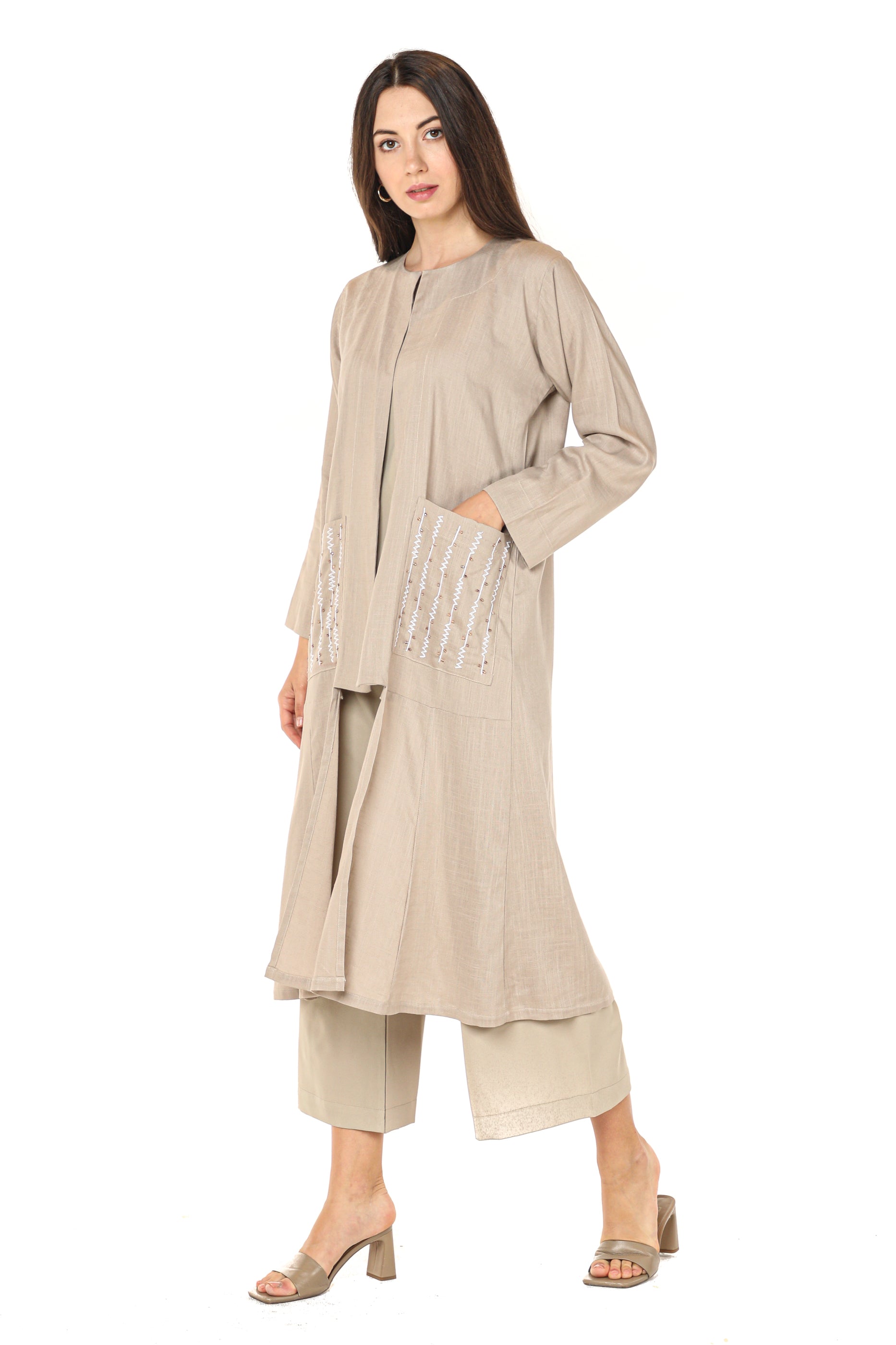 MOiSTREET Beige Embroidered Jacket and Pants with Crepe Top (7547348320483)