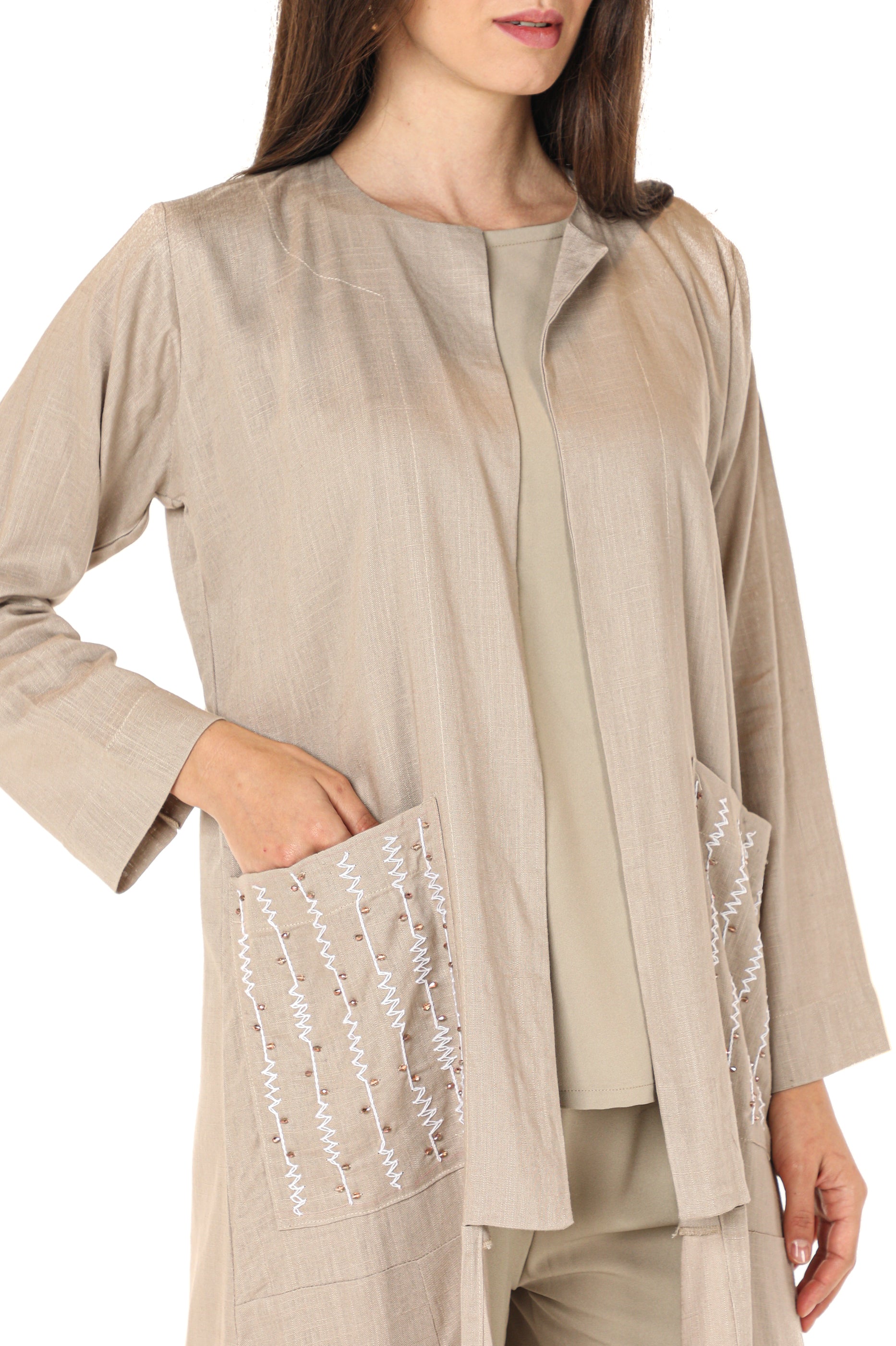 MOiSTREET Beige Embroidered Jacket and Pants with Crepe Top (7547348320483)