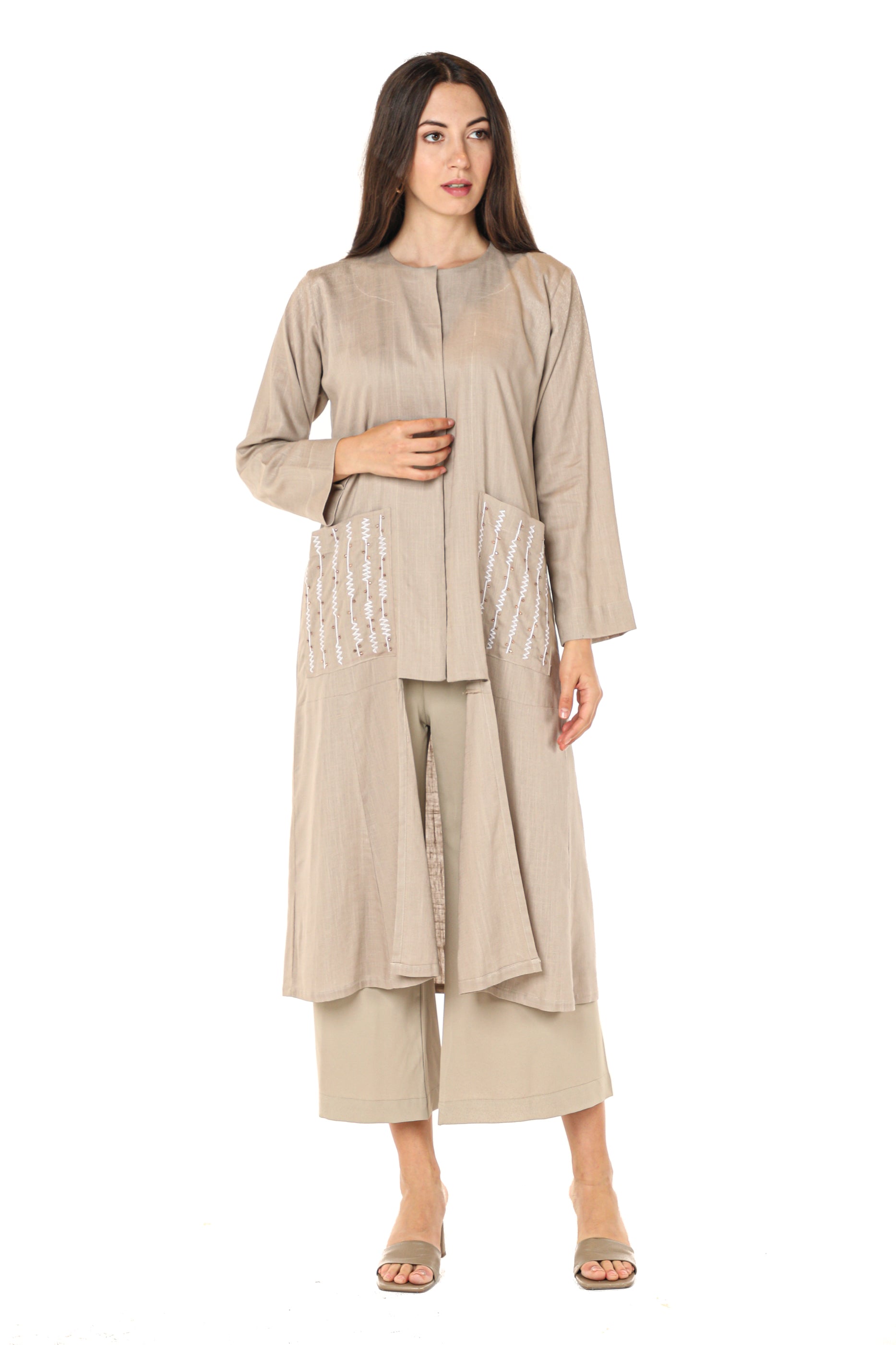 MOiSTREET Beige Embroidered Jacket and Pants with Crepe Top (7547348320483)