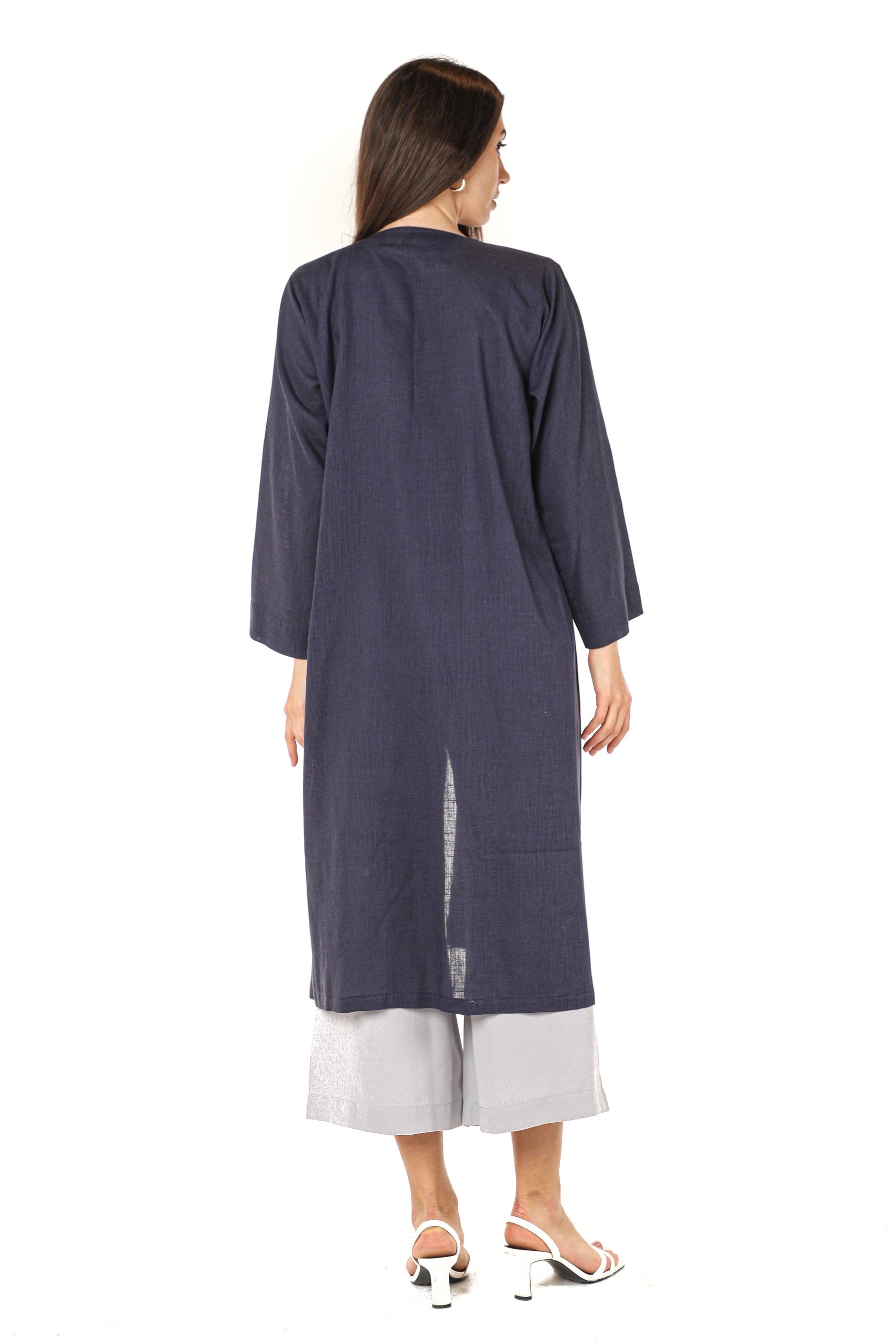 MOiSTREET Navy Linen Embellished Pockets With Pants And  Crepe Top (7547355594979)