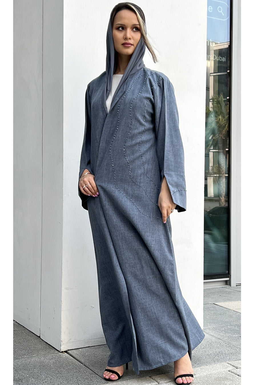 MOiSTREET Light Slate Grey Mélange Embroidery Abaya (7634542428387)