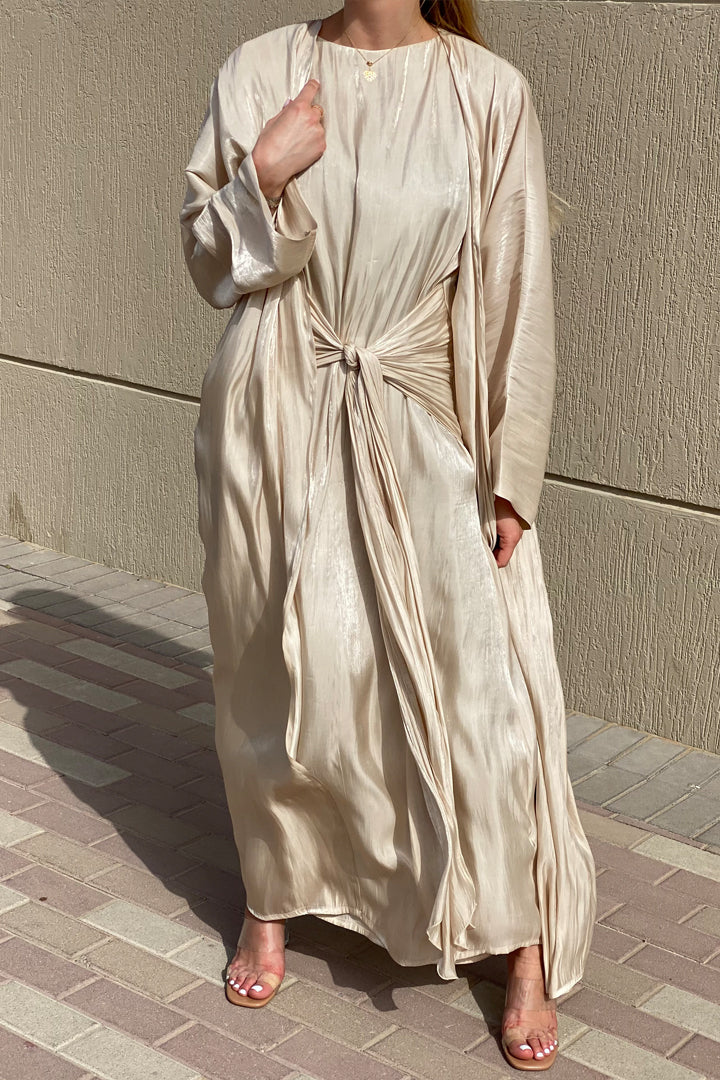 MOiSTREET Rotana Shimmer Beige Abaya Set Comes With 3 Piece (6810801963192)