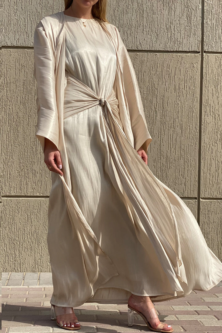 MOiSTREET Rotana Shimmer Beige Abaya Set Comes With 3 Piece (6810801963192)