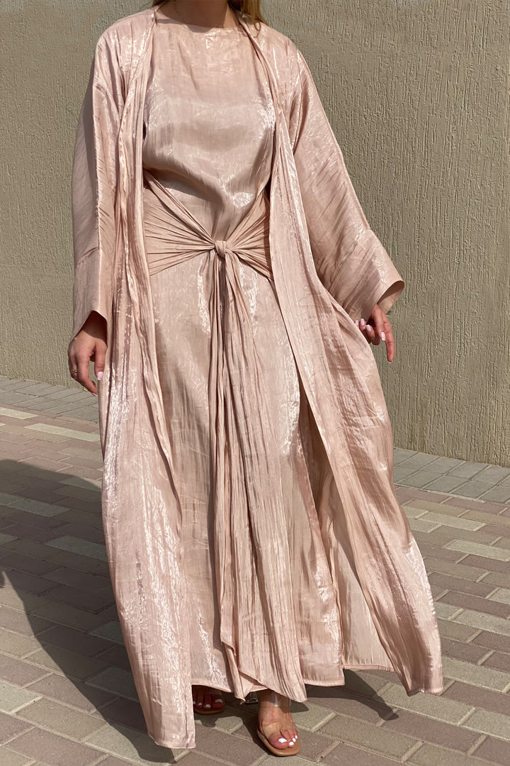 MOiSTREET Rotana Shimmer Mandys Pink Abaya Set Comes With 3 Piece (6810837909688)