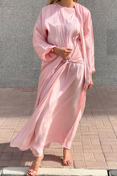 MOiSTREET Rotana Shimmer Pink Abaya Set Comes With 3 Piece (6811037139128)