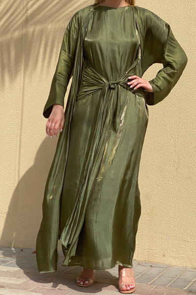MOiSTREET Rotana Shimmer Green Abaya Set Comes With 3 Piece (6811076690104)