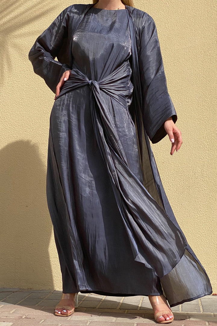 MOiSTREET Rotana Shimmer Mid Grey Abaya Set Comes With 3 Piece (6811088552120)