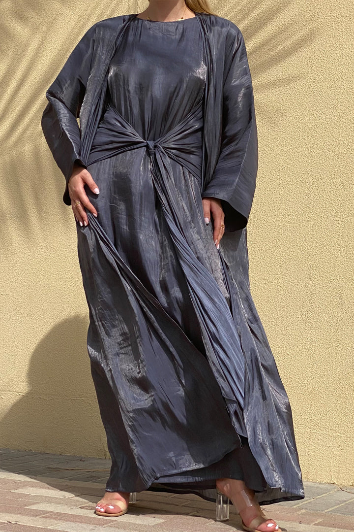 MOiSTREET Rotana Shimmer Mid Grey Abaya Set Comes With 3 Piece (6811088552120)