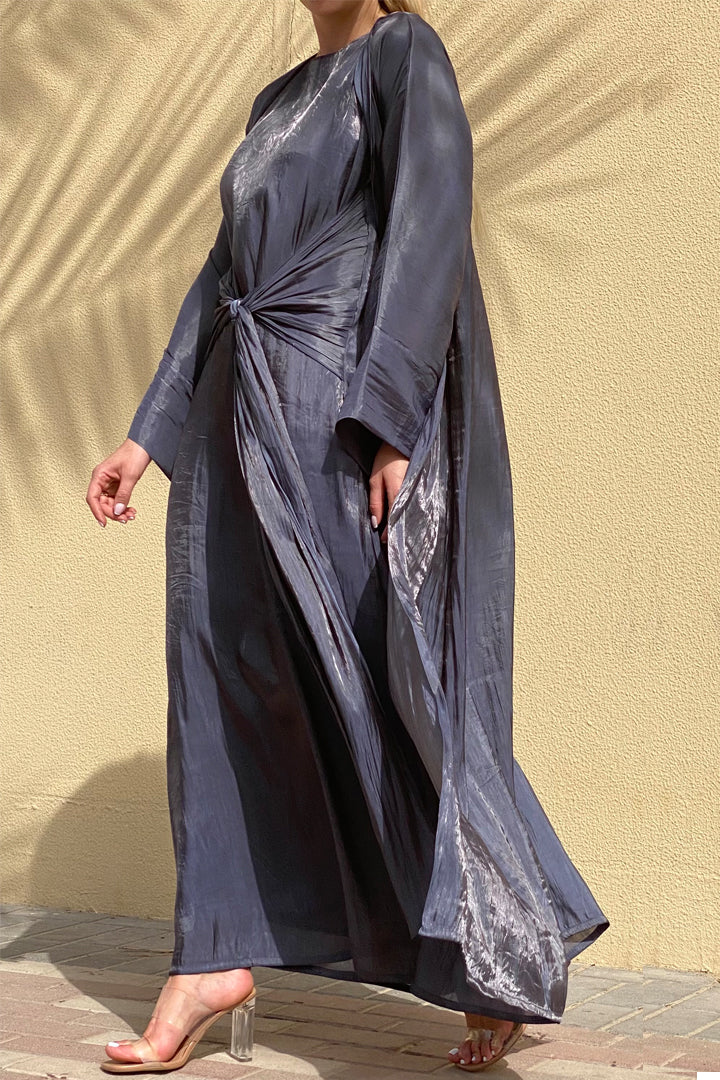 Rotna Mo Rotana Shimmer Mid Grey Abaya Set – 3-Piece Luxury | MOiSTREET – Moistreet