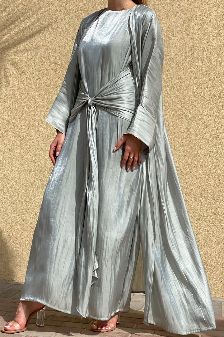 MOiSTREET Rotana Shimmer Tiara Grey Abaya Set Comes With 3 Piece (6811117846712)